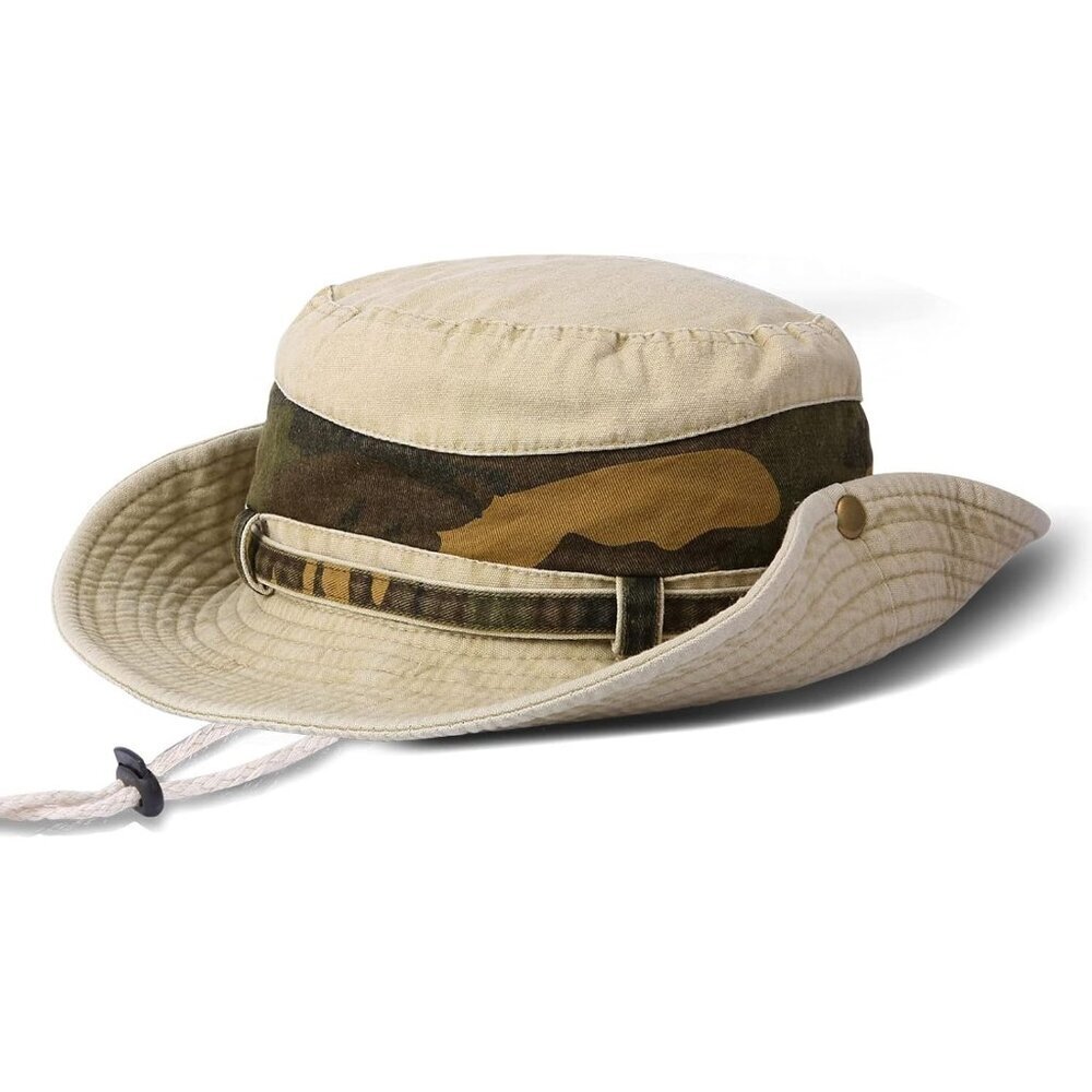 Unisex Camo Khaki 100%Cotton Wide Brim Boonie With Chin Strap Classic Bucket Hat